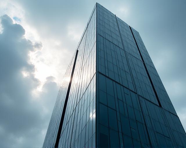 En moderne retsbygning med en stormfuld himmel i baggrunden